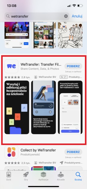 WeTransfer app - aplikacja mobilna